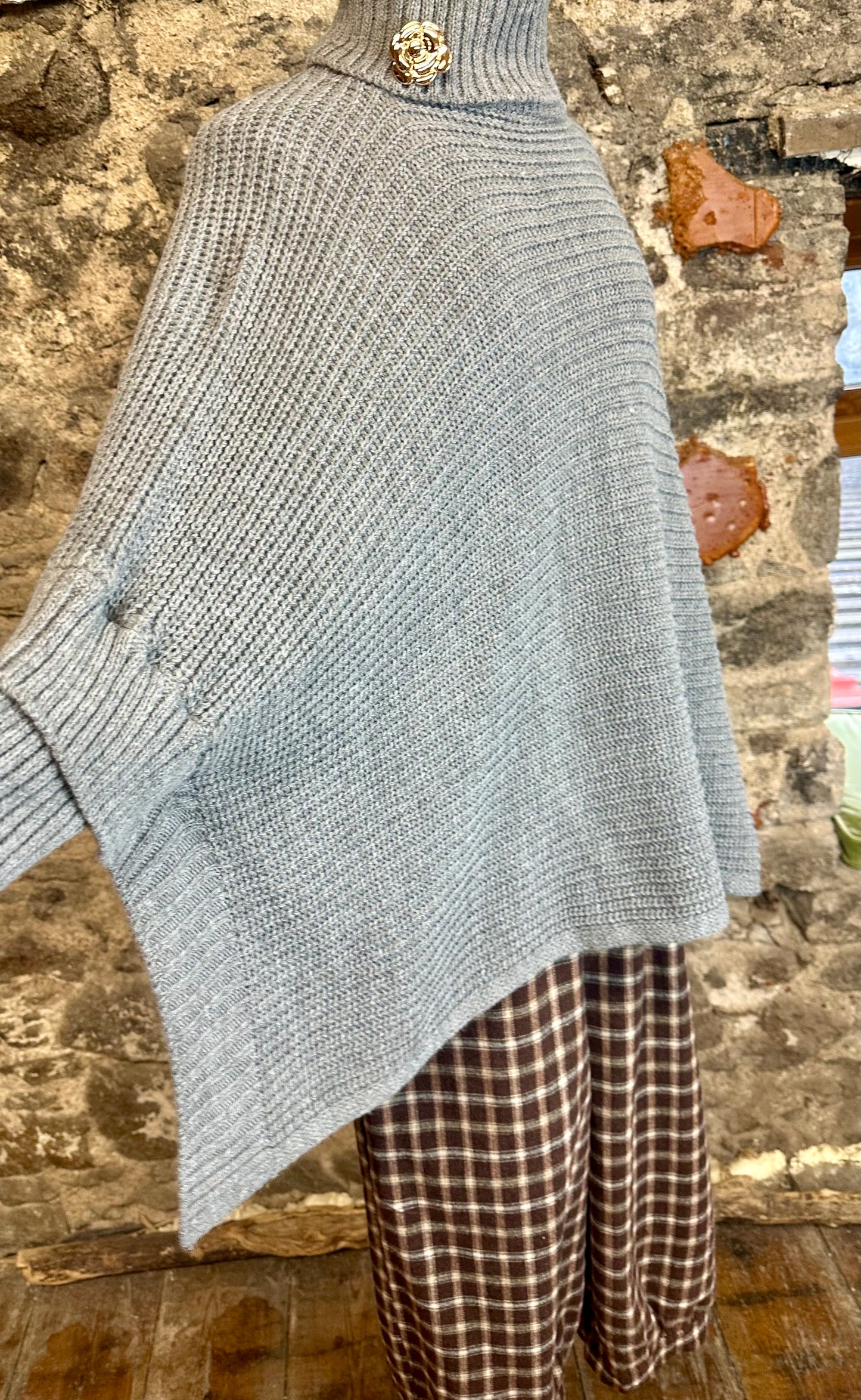 “Darina “ cloud grey high neck knit sleeved poncho