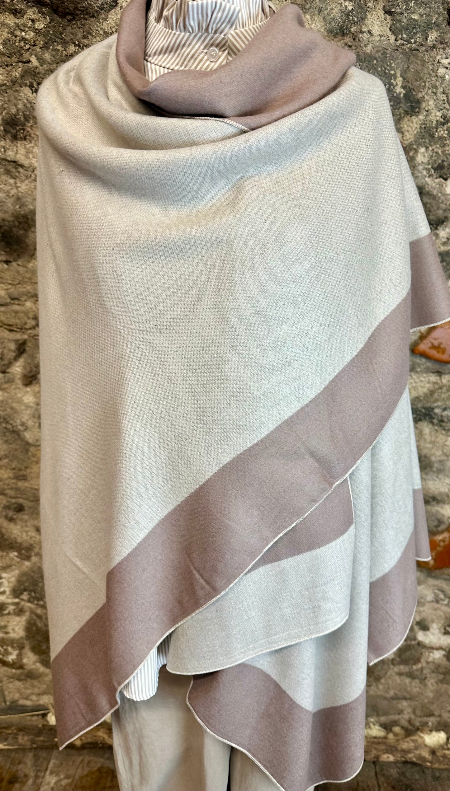 “Roberta” mocha and stone reversible fine wool mix wrap