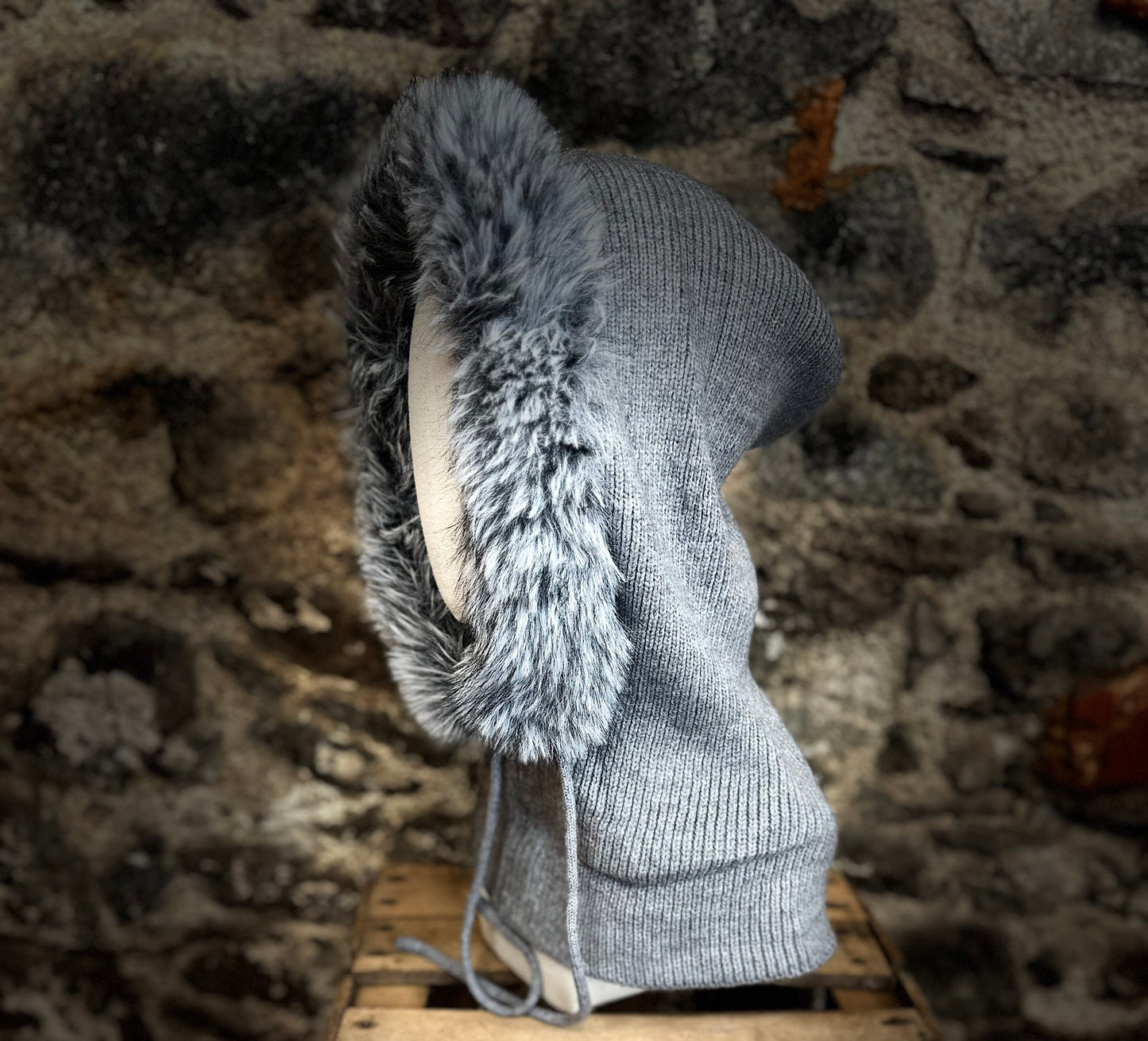 “Claudia “ dove grey vegan fur knit hood snood