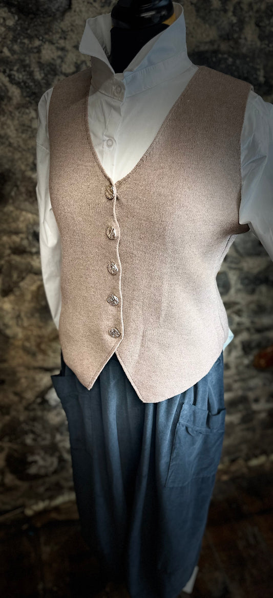 “Veronica” Italian taupe fine knit waist coat med /large