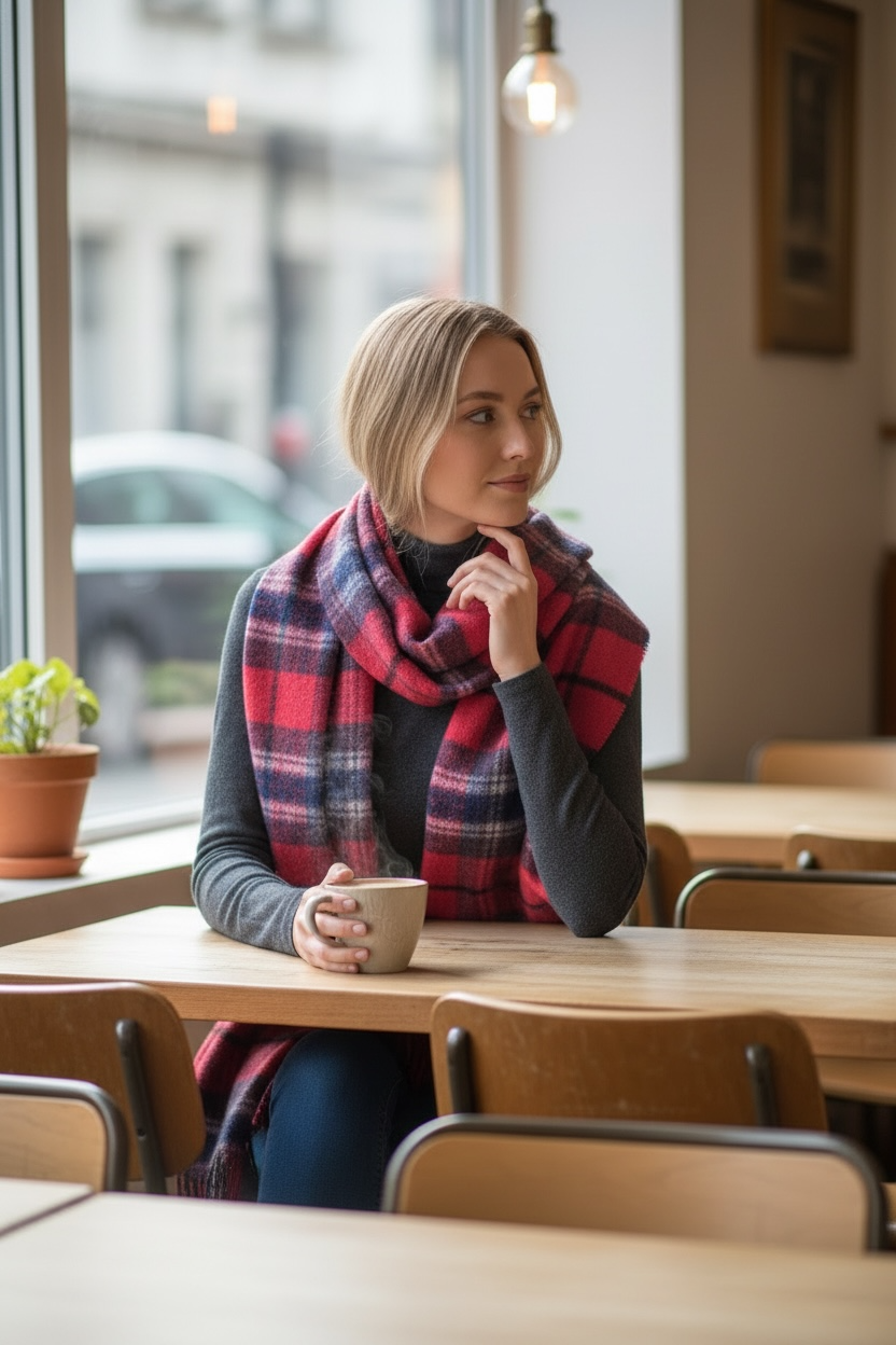 Cosey navy and rose red plaid wrap