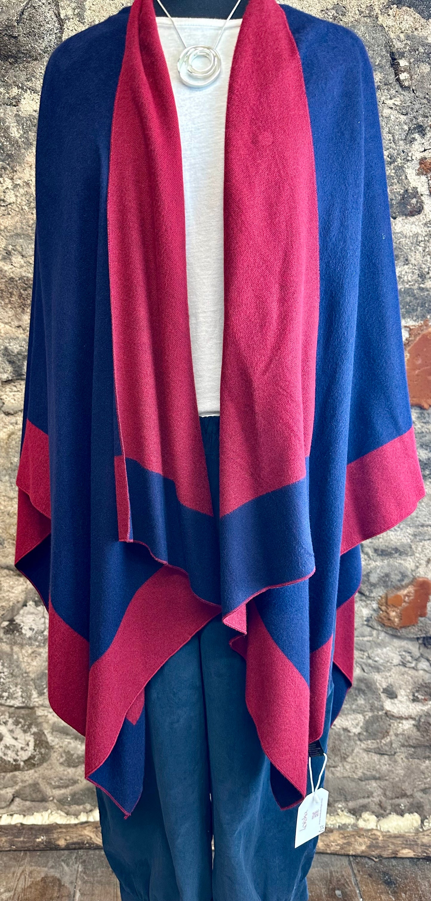 “Roberta “ wine and navy reversible fine wool mix wrap