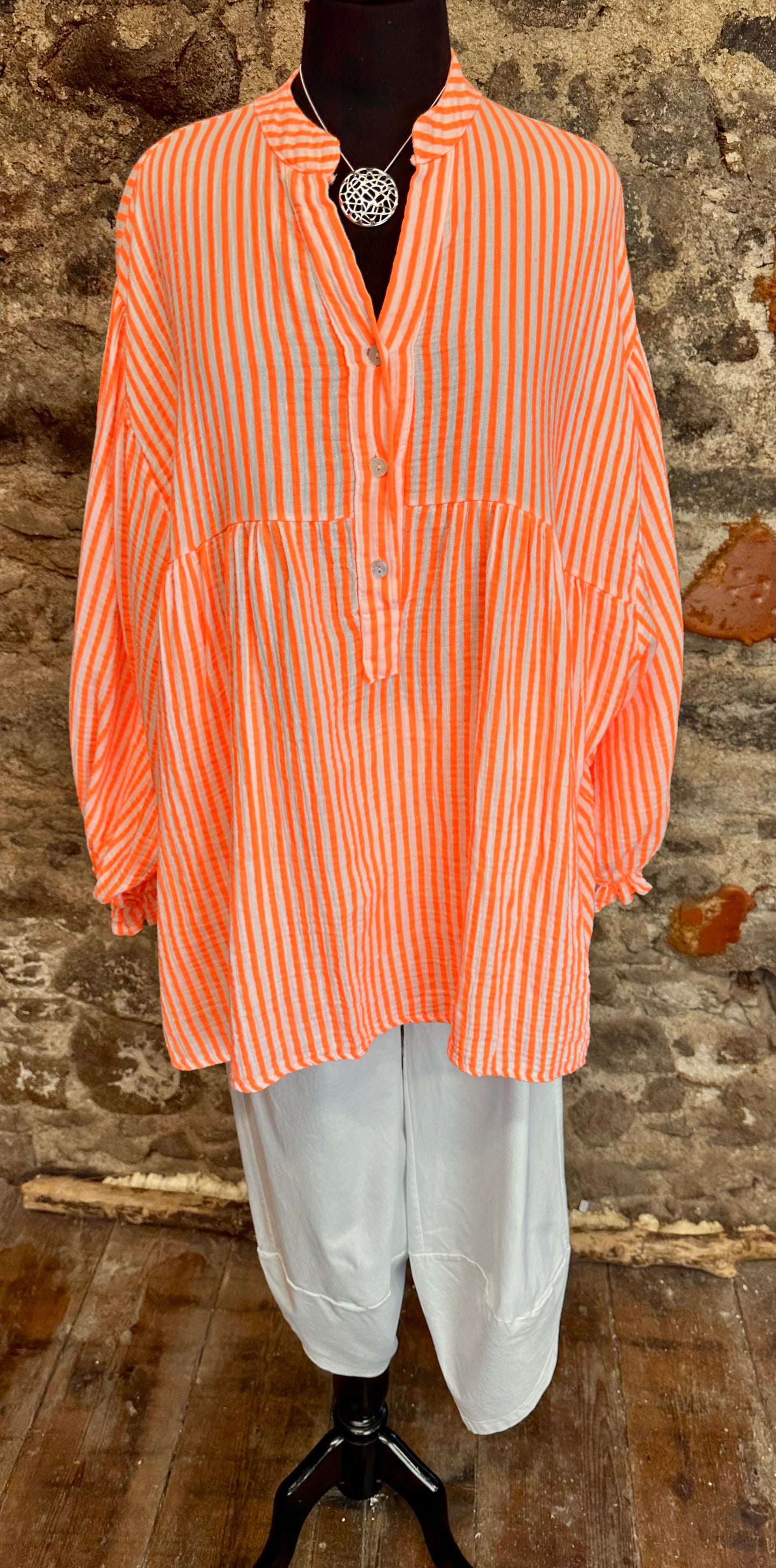 “Jennie “ tangerine neon and cream stripe Italian tunic