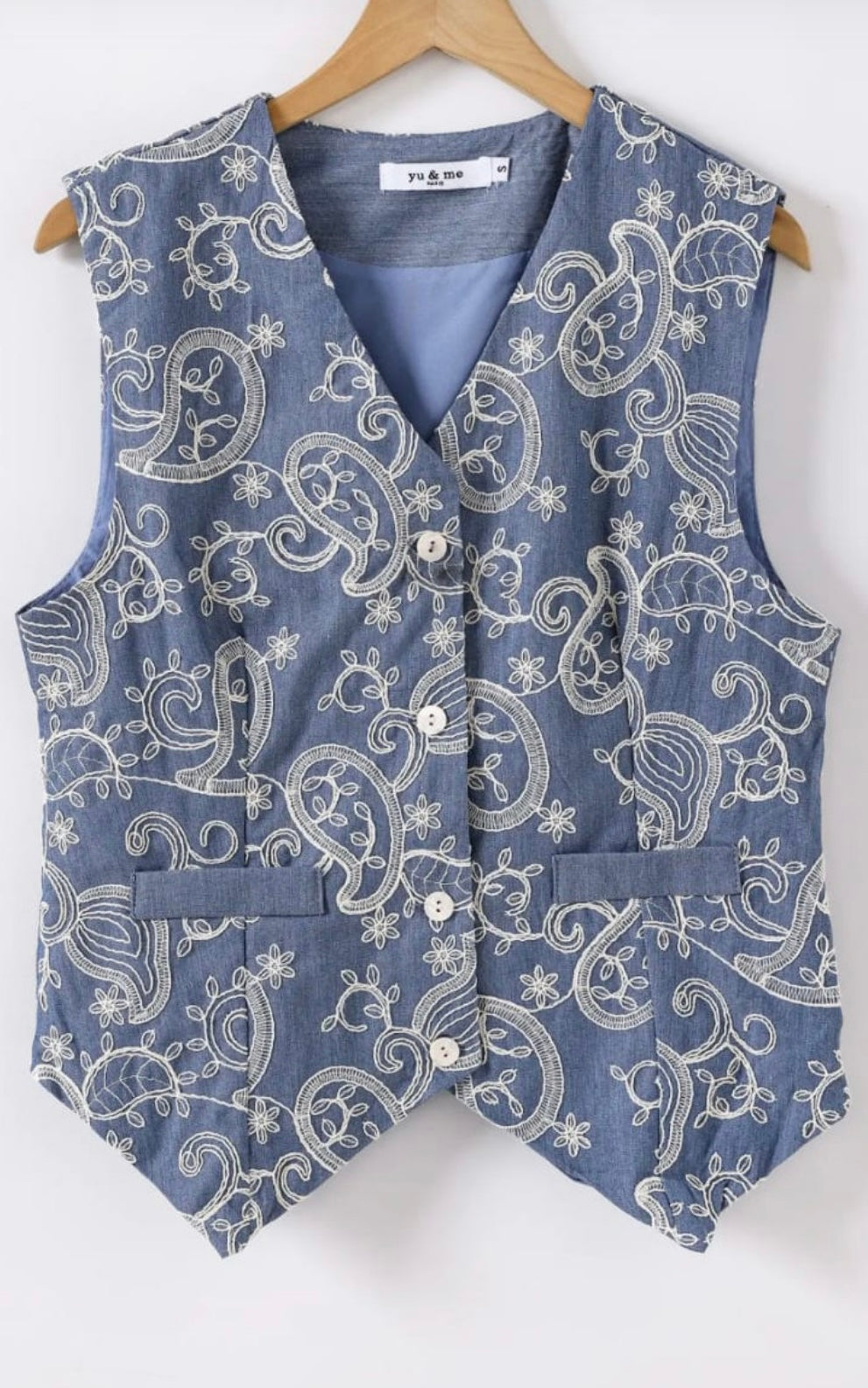 “Rae “ French denim embroidered waist coat size small