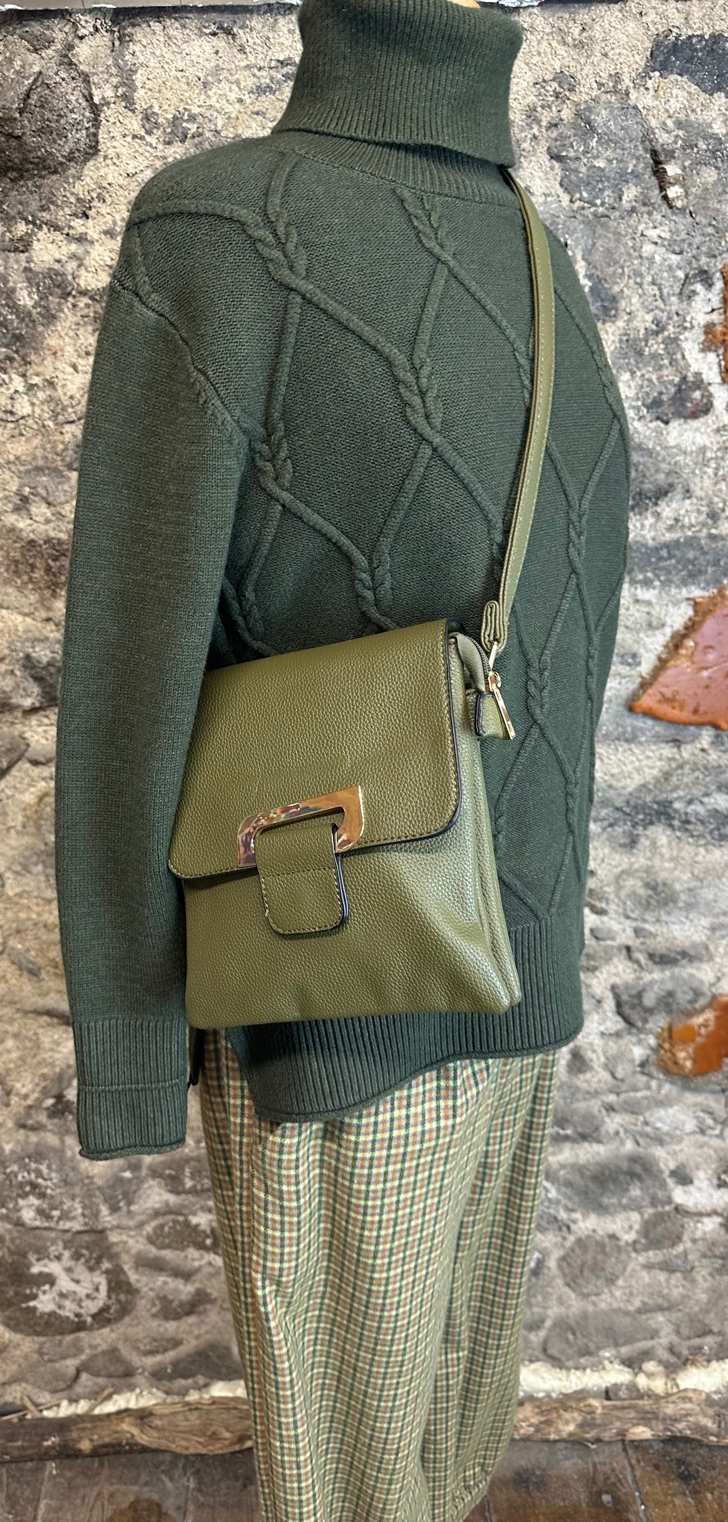 “Natalie “ Forest green high neck Italian cable knit polo