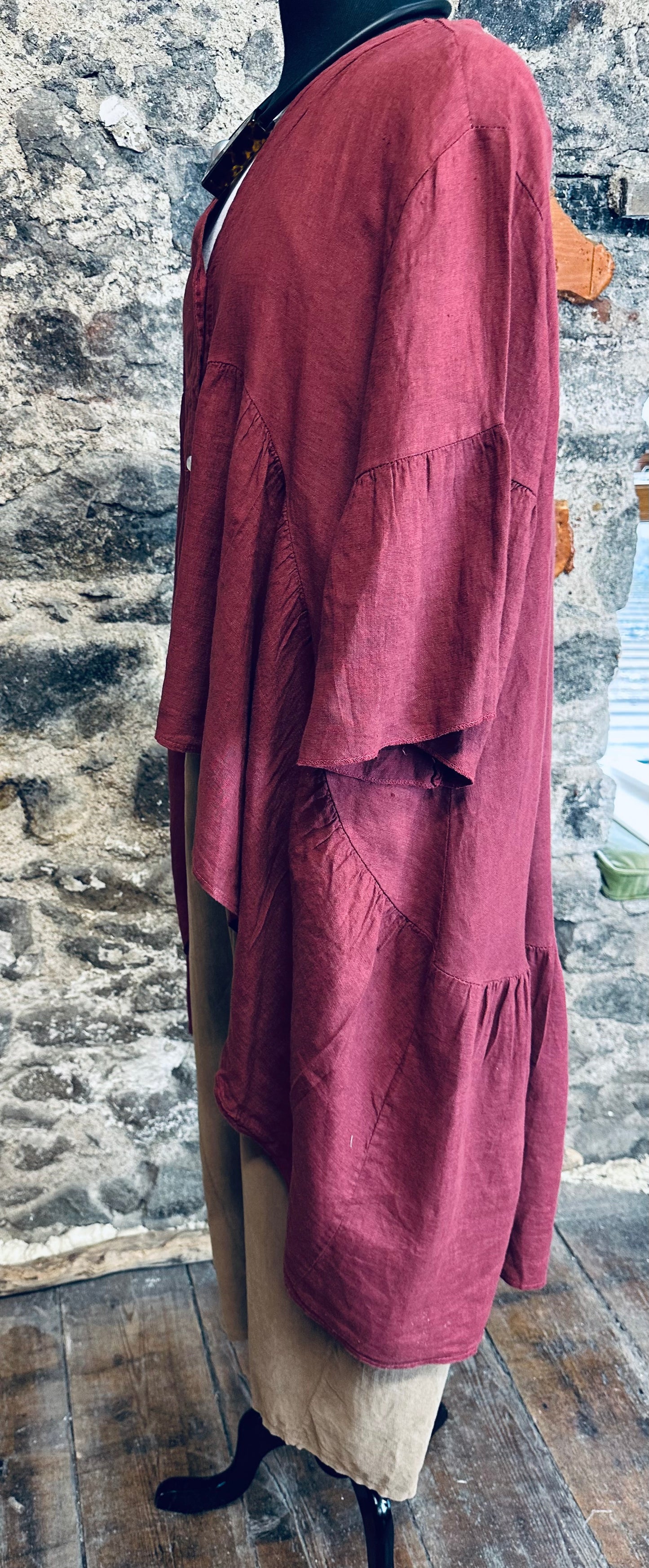 “Renee” Bordeaux Italian linen hi lo dress shirt