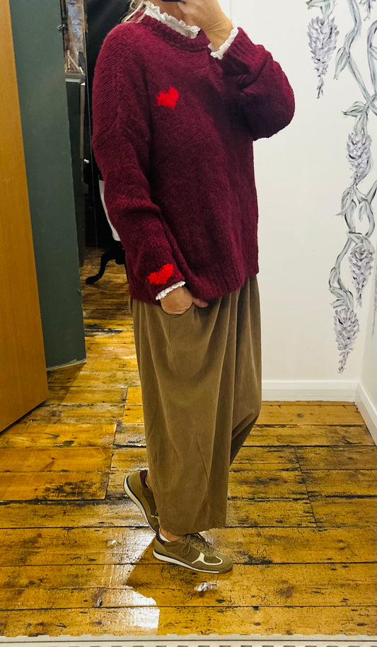 “Evie “ Bordeaux Italian loose knit little heart knit