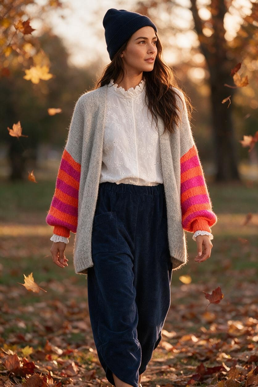 “Elsie “ dove grey and neon sleeve Italian cosey knit