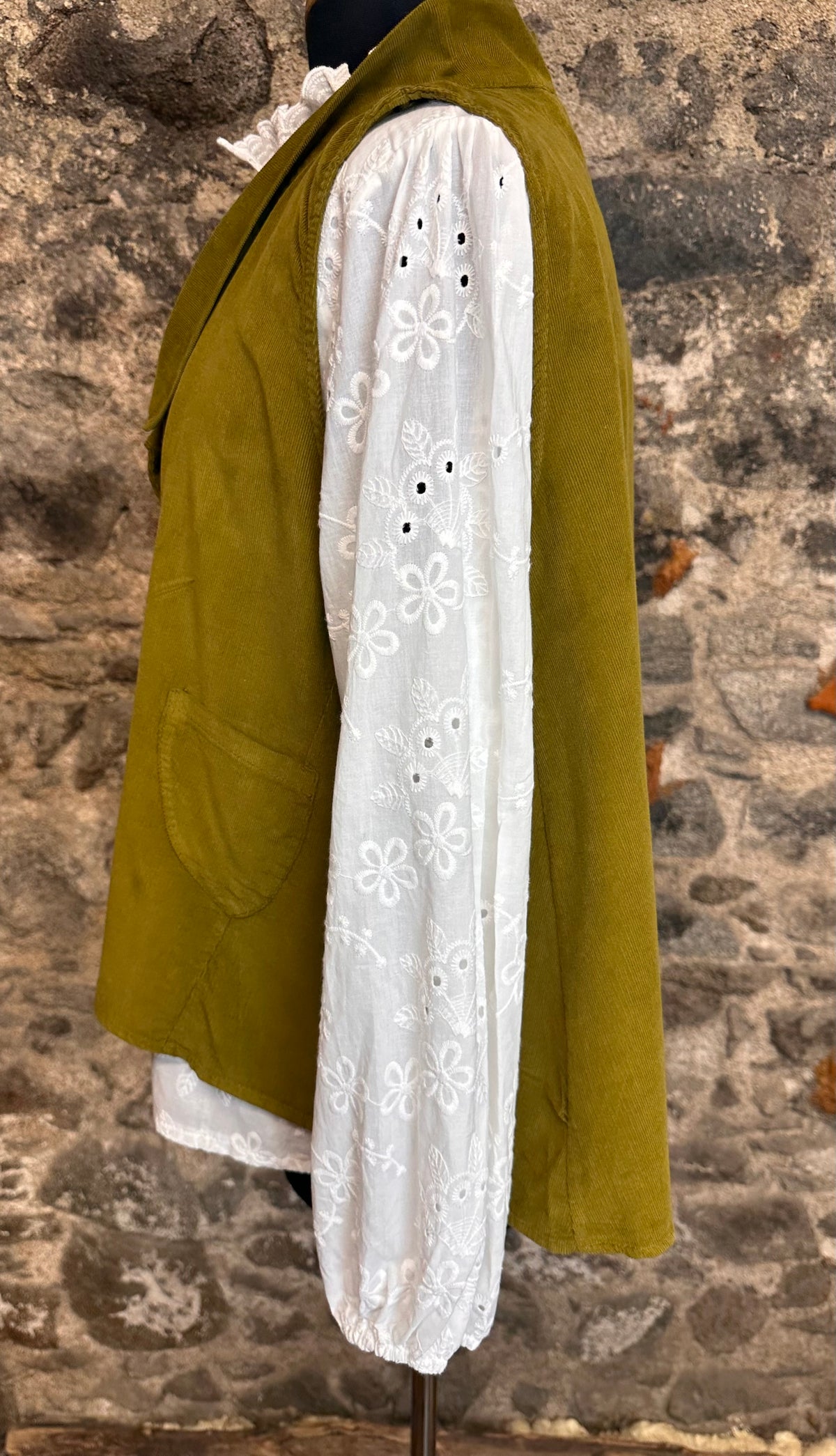 “Kellie” orchard green pin corduroy Italian waistcoat