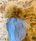 Soft cosey powder blue cable knit beanie
