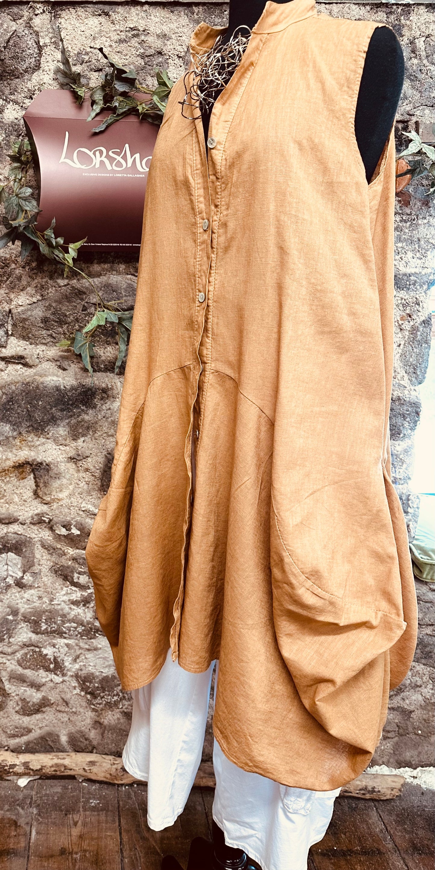 “Contessa” bronze Italian pin tuck linen tunic dress