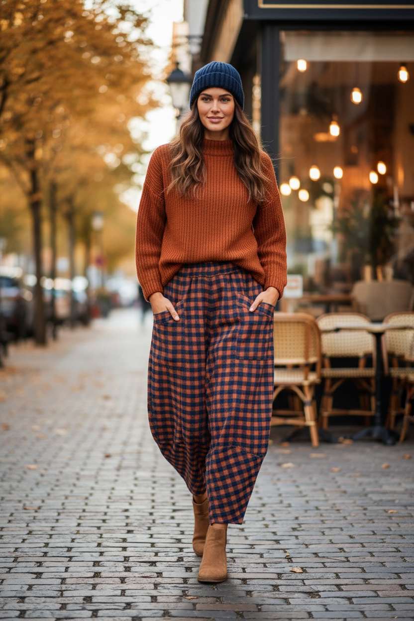 “Riley “ navy and rust Italian plaid cocoon trouser