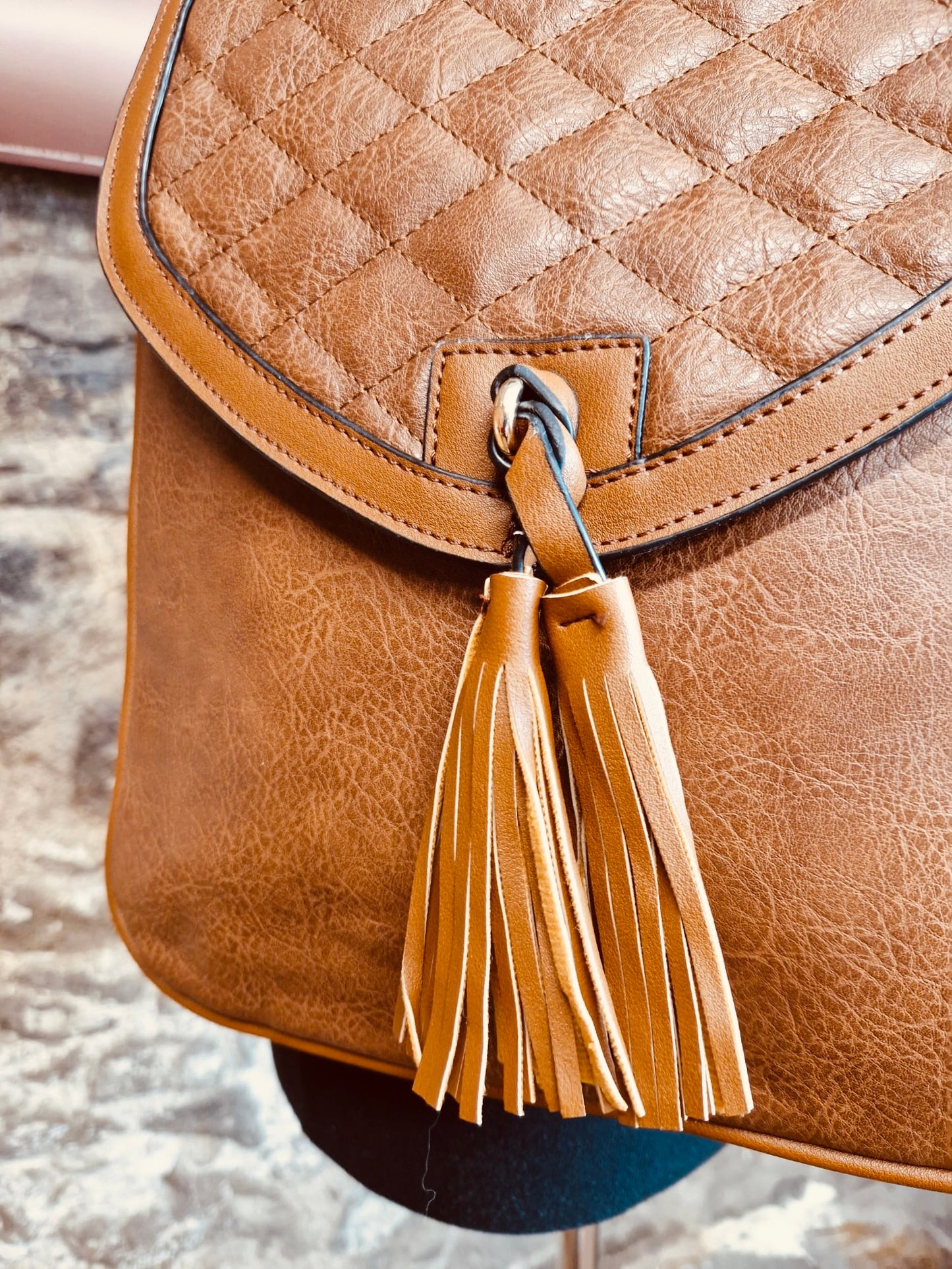 “Poppy “ vegan tan crossbody tassle bag