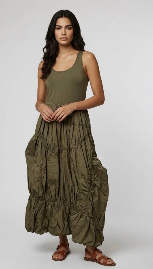 “Raina” kaki Italian mixed fabric  dress