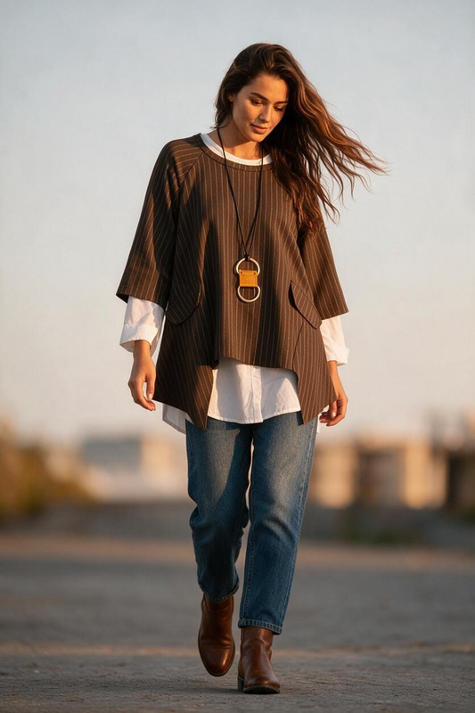 “Sandie “ chocolate brown pinstripe asymmetric Italian tunic