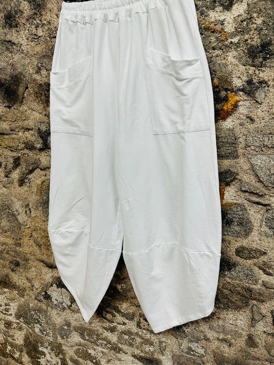 “Mica “classic white cotton jersey italian tulip cocoon trousers