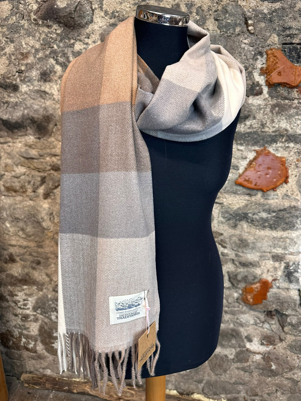 Camel and soft grey heritage plaid wool wrap
