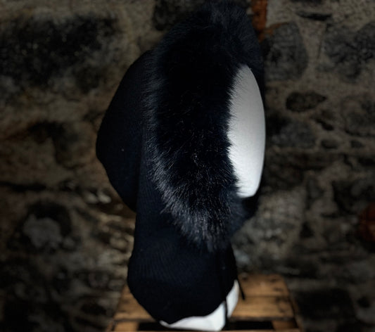 “Claudia “ vegan fur ebony knit hood snood