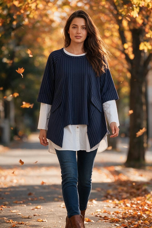 “Sandi “ navy pinstriped irregular asymmetric Italian tunic