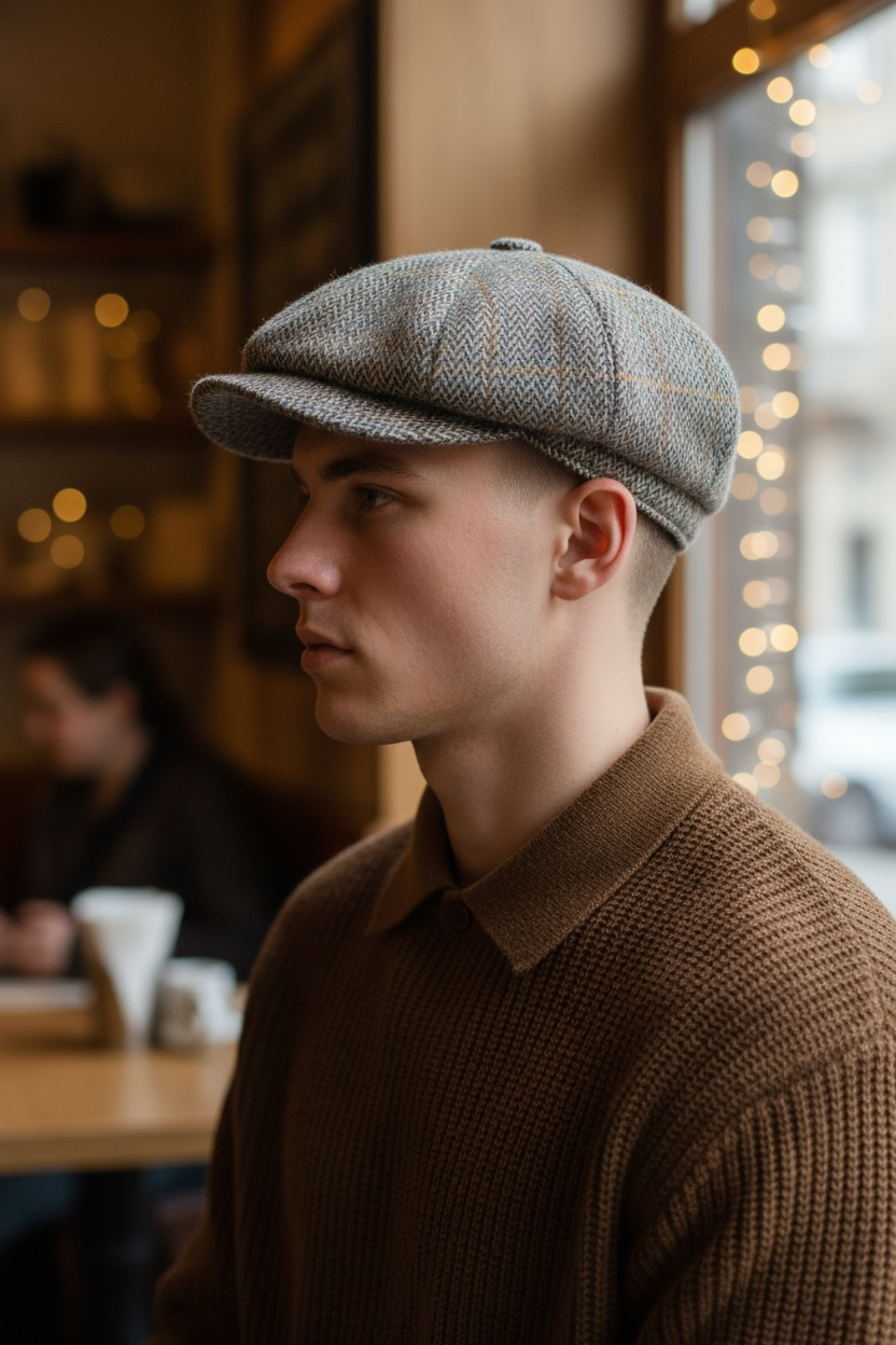 The shelby herring bone tweed celtic bakersboy cap grey and chocolate