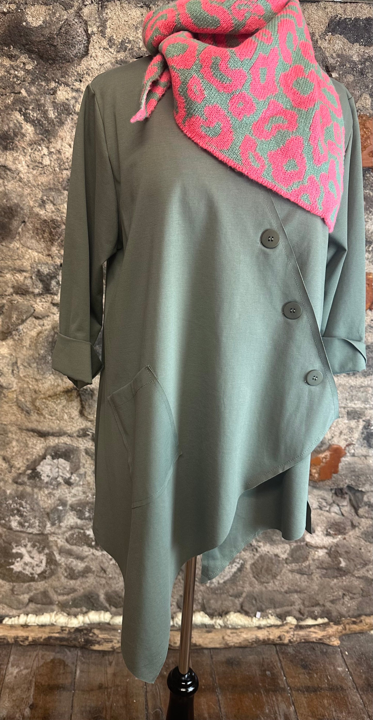 Coral and sage triangle knit scarf