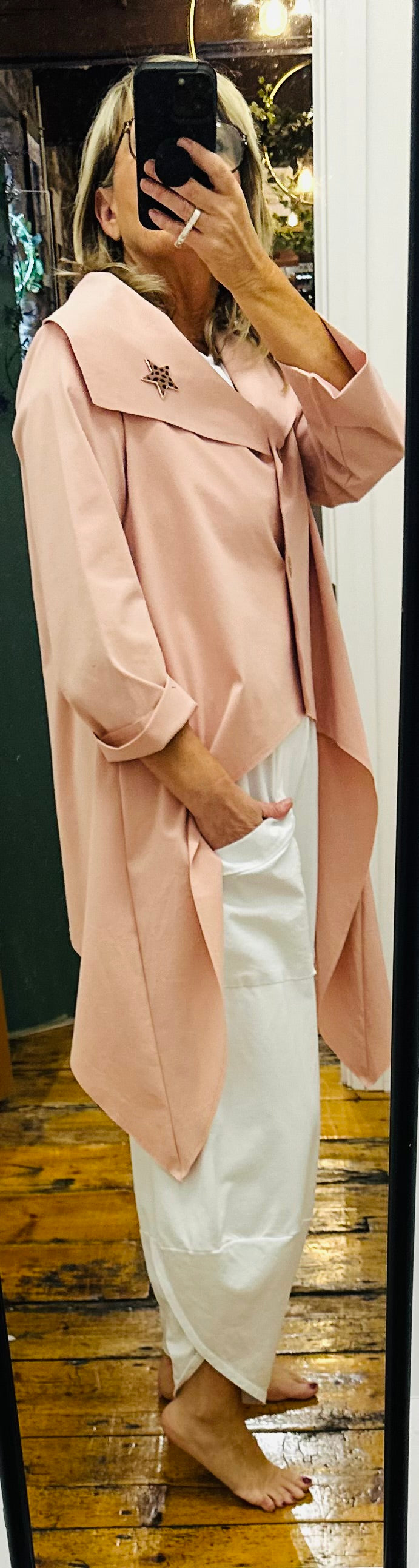 “Mira “ blush salmon Italian dipped hem jacket
