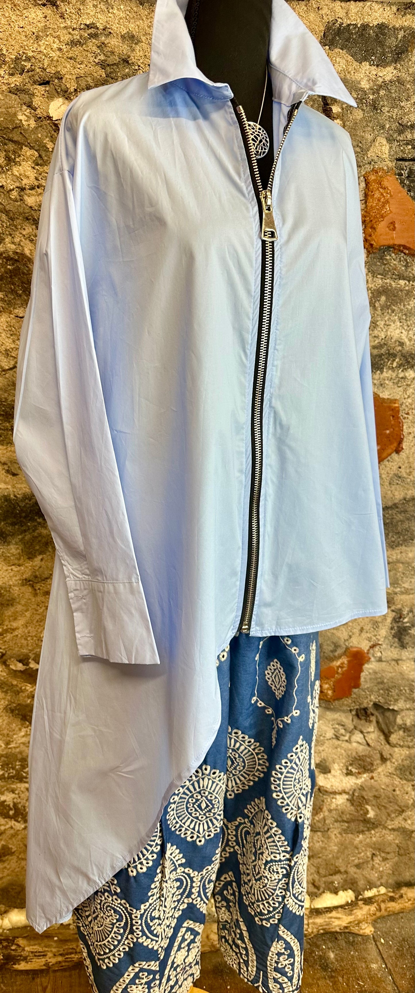 “Serrin “ powder blue asymmetric dramatic Italian shirt