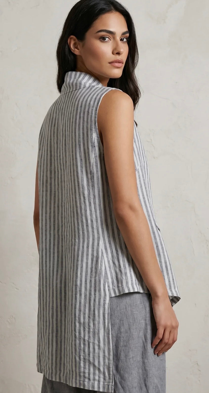 “Mabel “ Italian linen mix waistcoat dove grey and white stripe