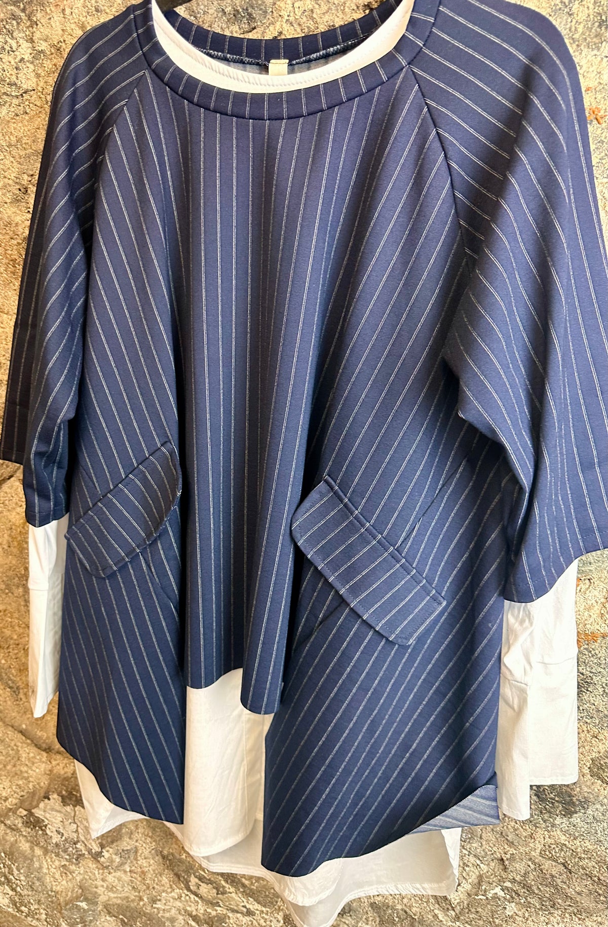 “Sandi “ navy pinstriped irregular asymmetric Italian tunic