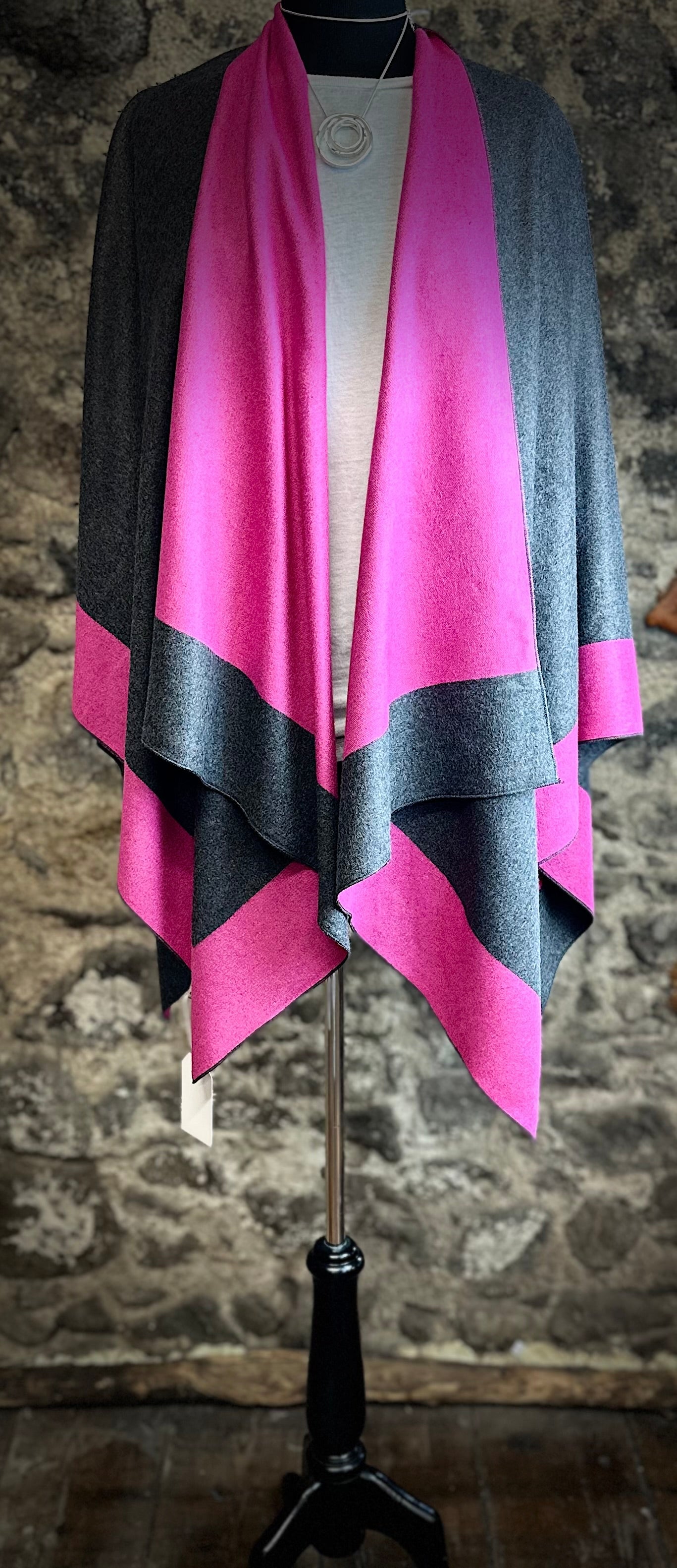 “Roberta “ cerise and charcoal grey cape wrap