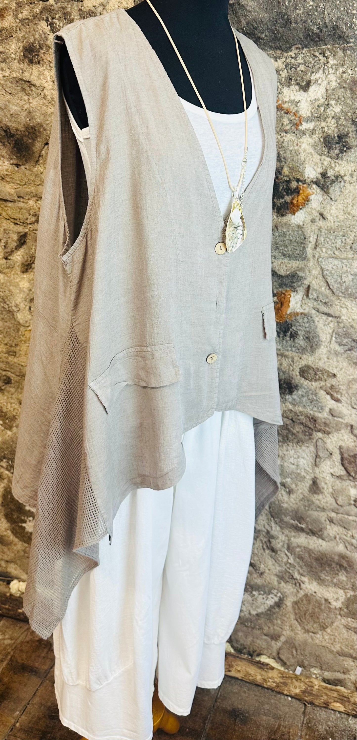 “Daisy “ mocha Italian asymmetric Italian linen waist coat
