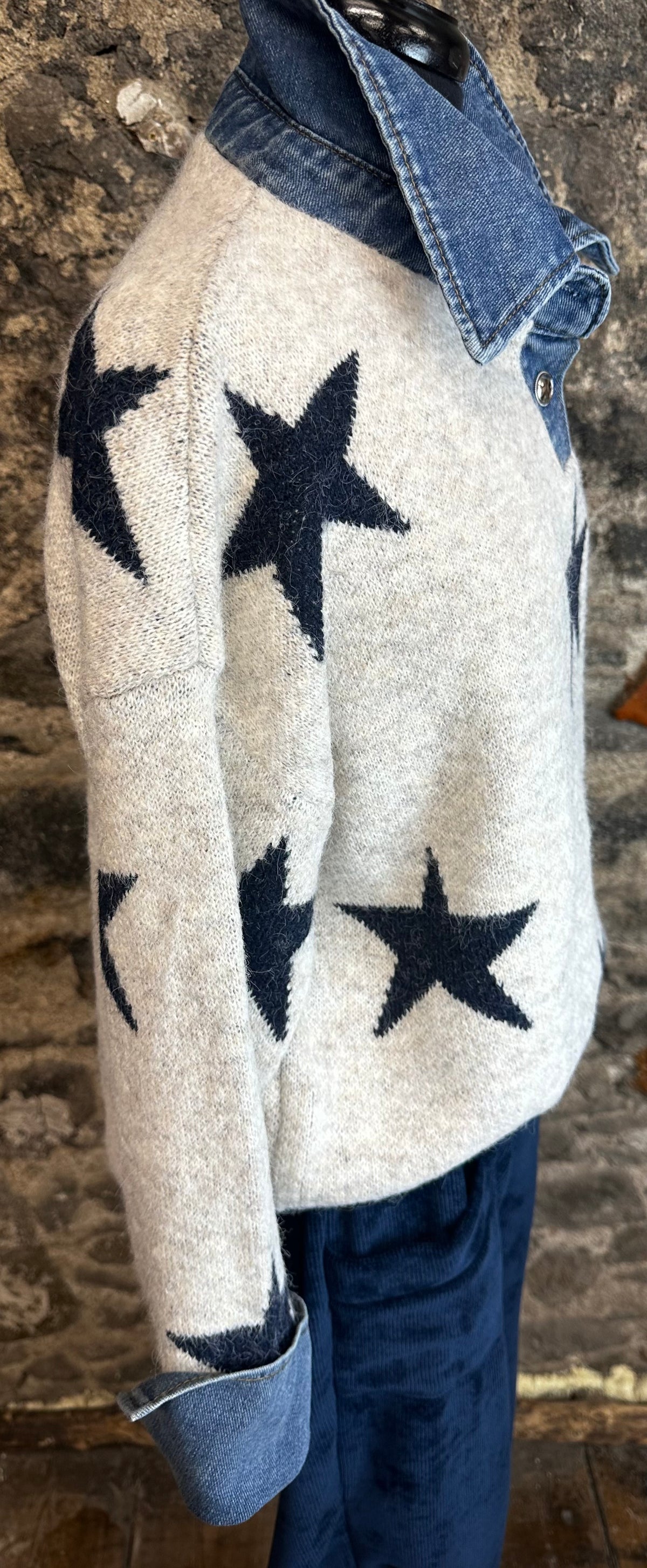 “Lauren “ star knit natural ..with denim collar and cuff