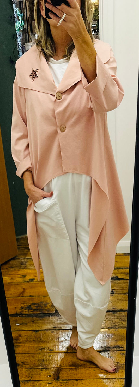 “Mira “ blush salmon Italian dipped hem jacket