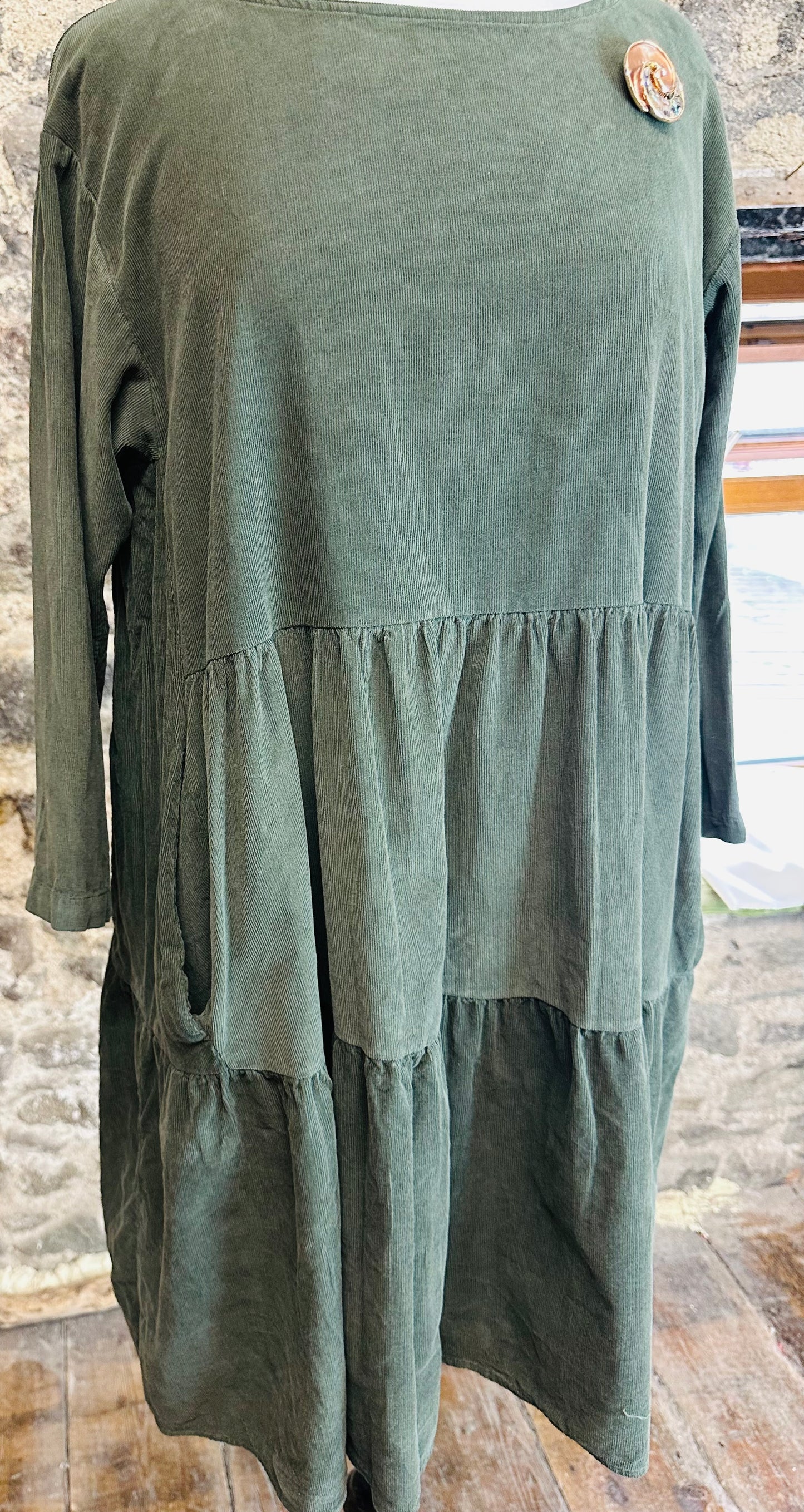 “Katie “ fine corduroy forest green Italian tunic dress