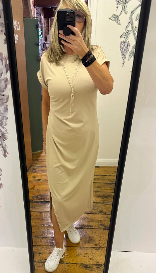 “Kiva  “Italian side split dress warm beige