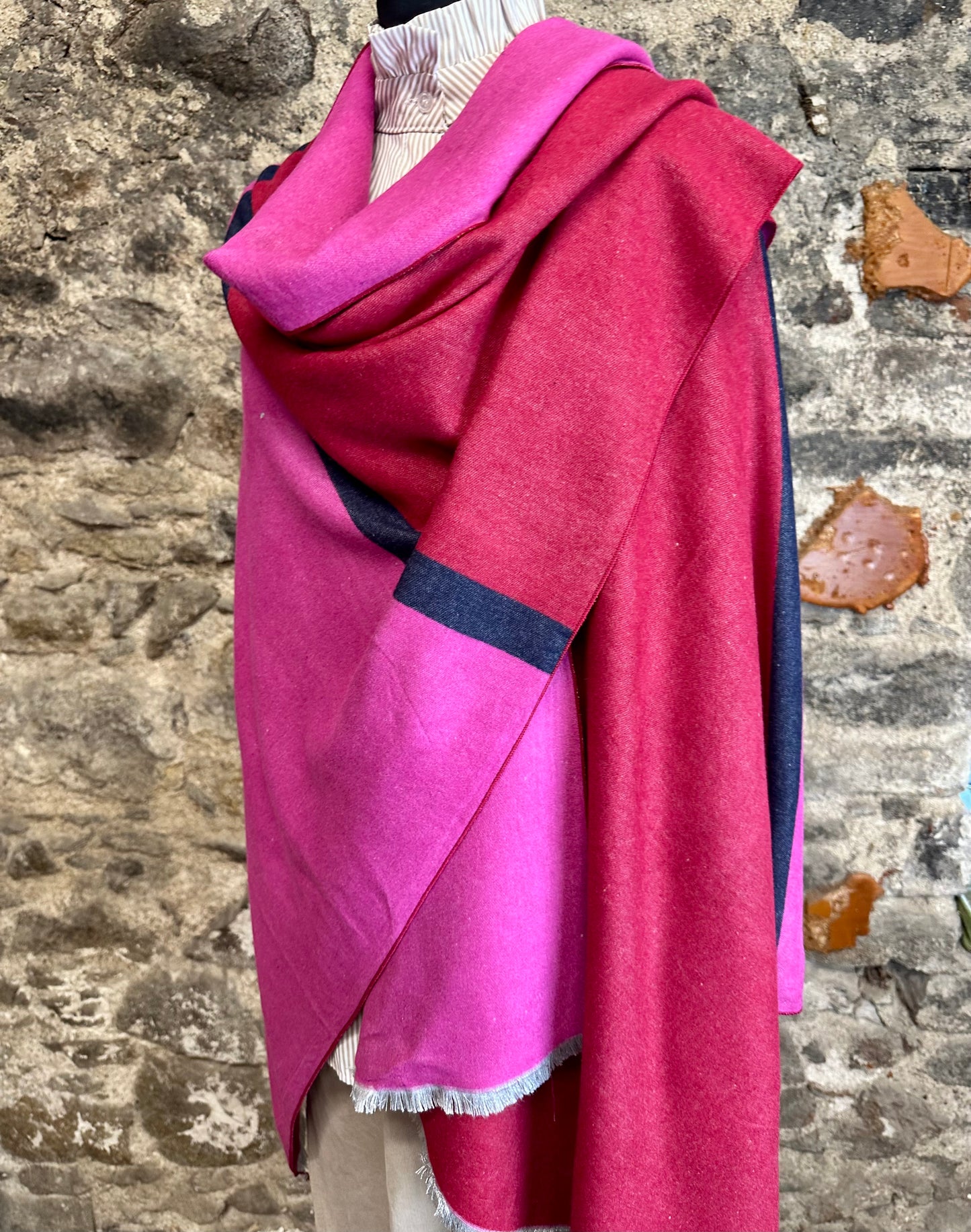 “Sara” colour block cerise /rasberry and navy cape