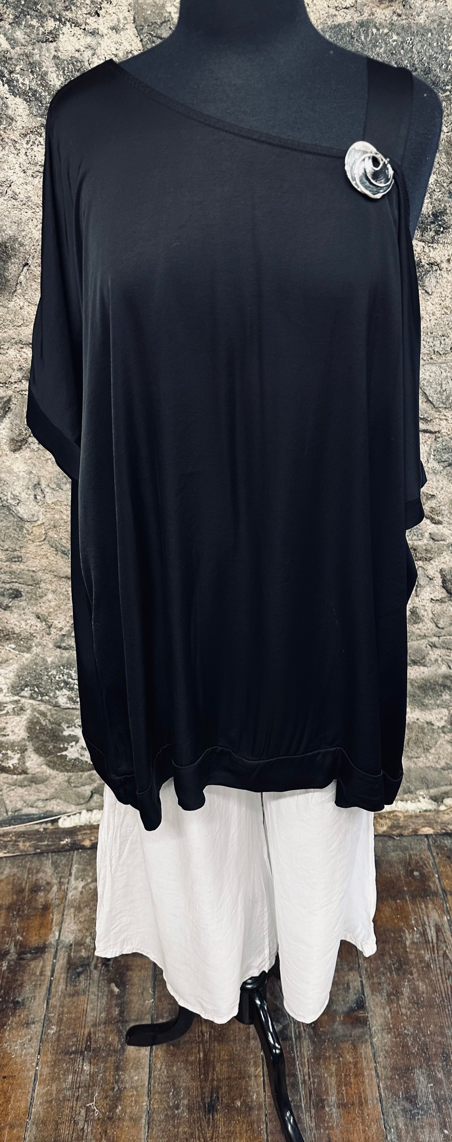 “Clara “ ebony satin feel Italian asymmetric cold shoulder tunic