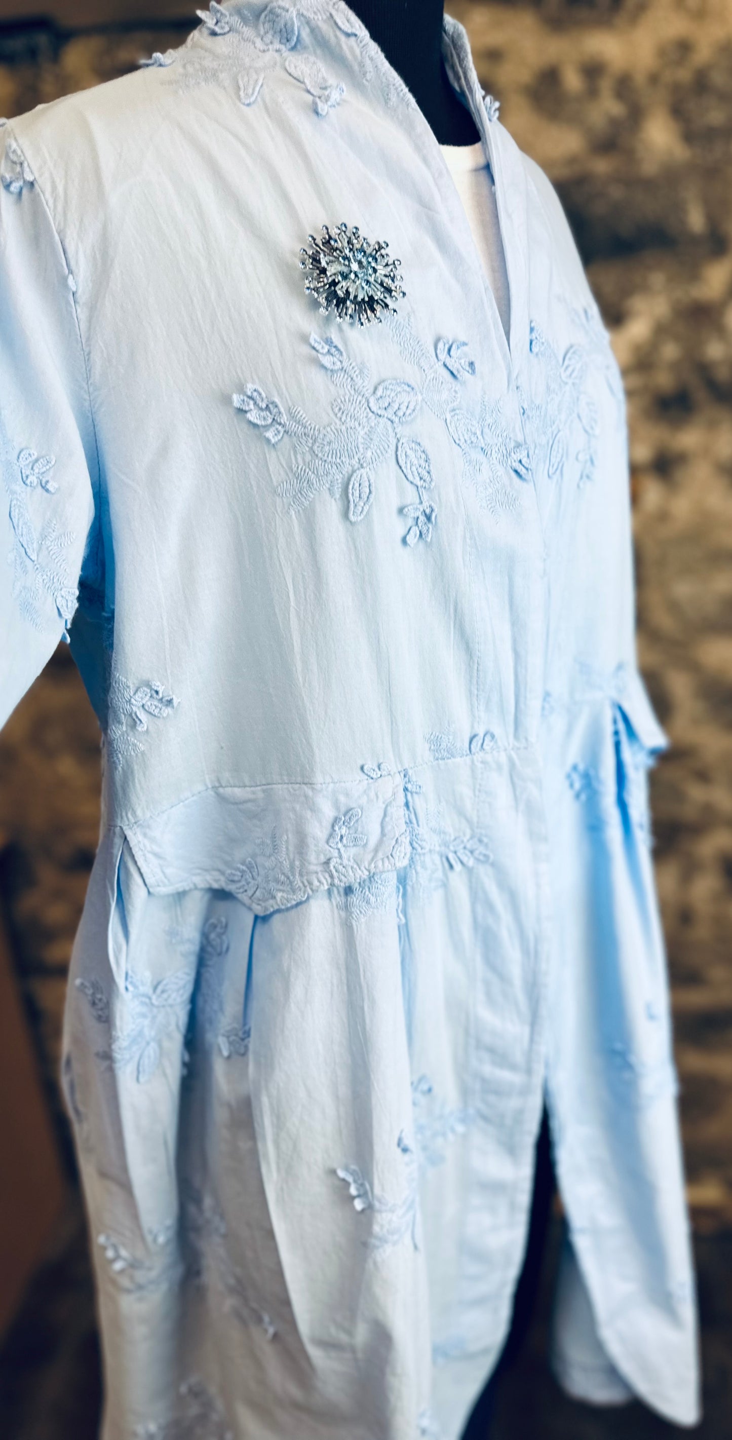 “Moira “Wedgwood blue Italian cotton appliqué dress coat