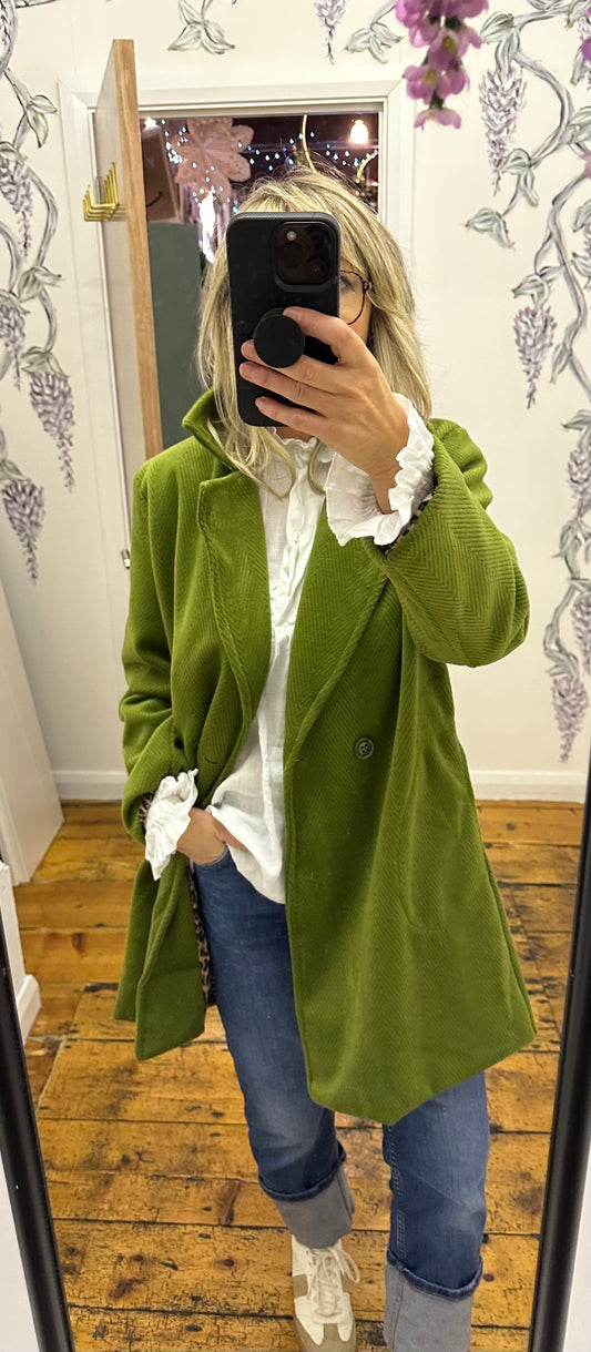 “Lydia “ lime chevron corduroy Italian dress coat