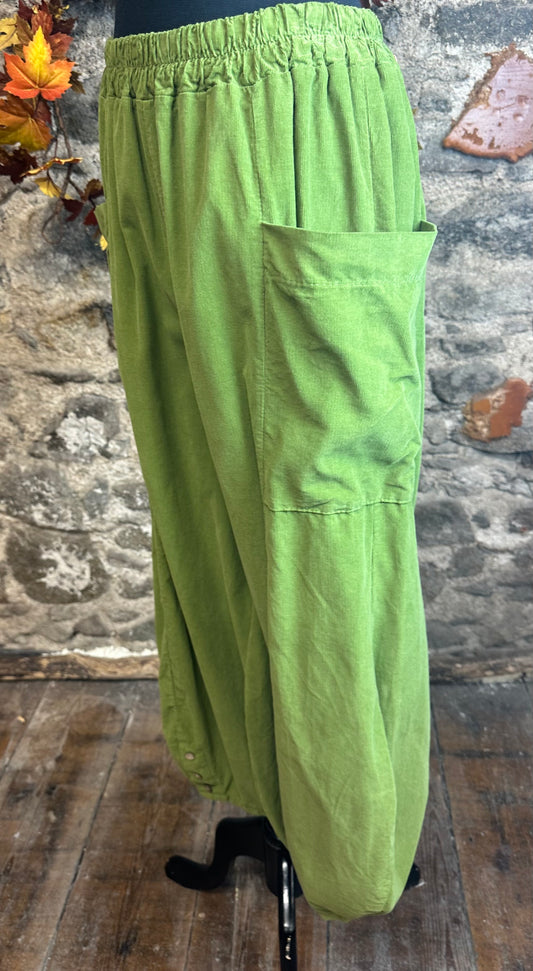 “Tania “ statement button cuff Italian corduroy trousers lime