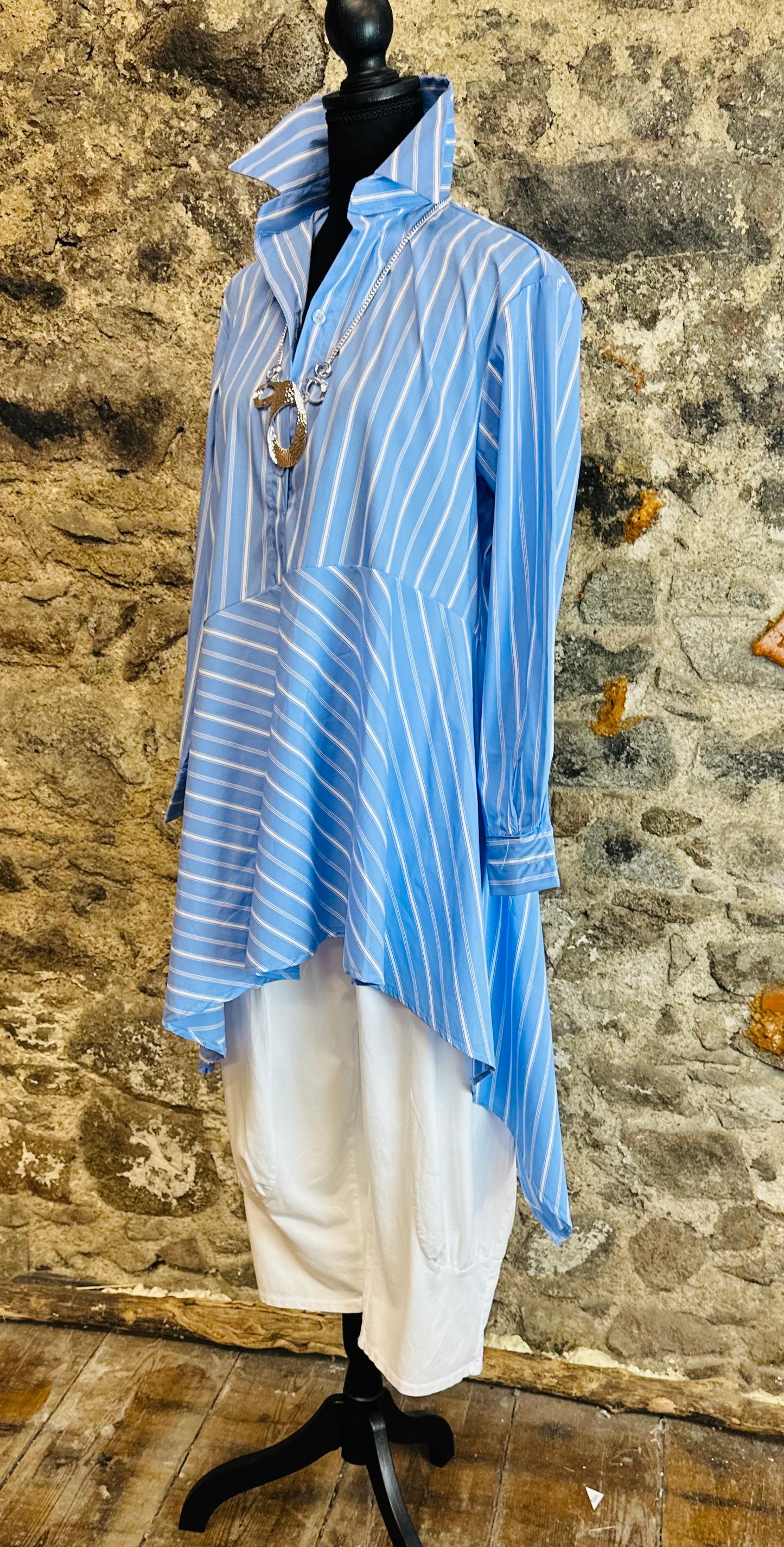 “Sofia “ sky blue Italian pinstriped asymmetric dress shirt
