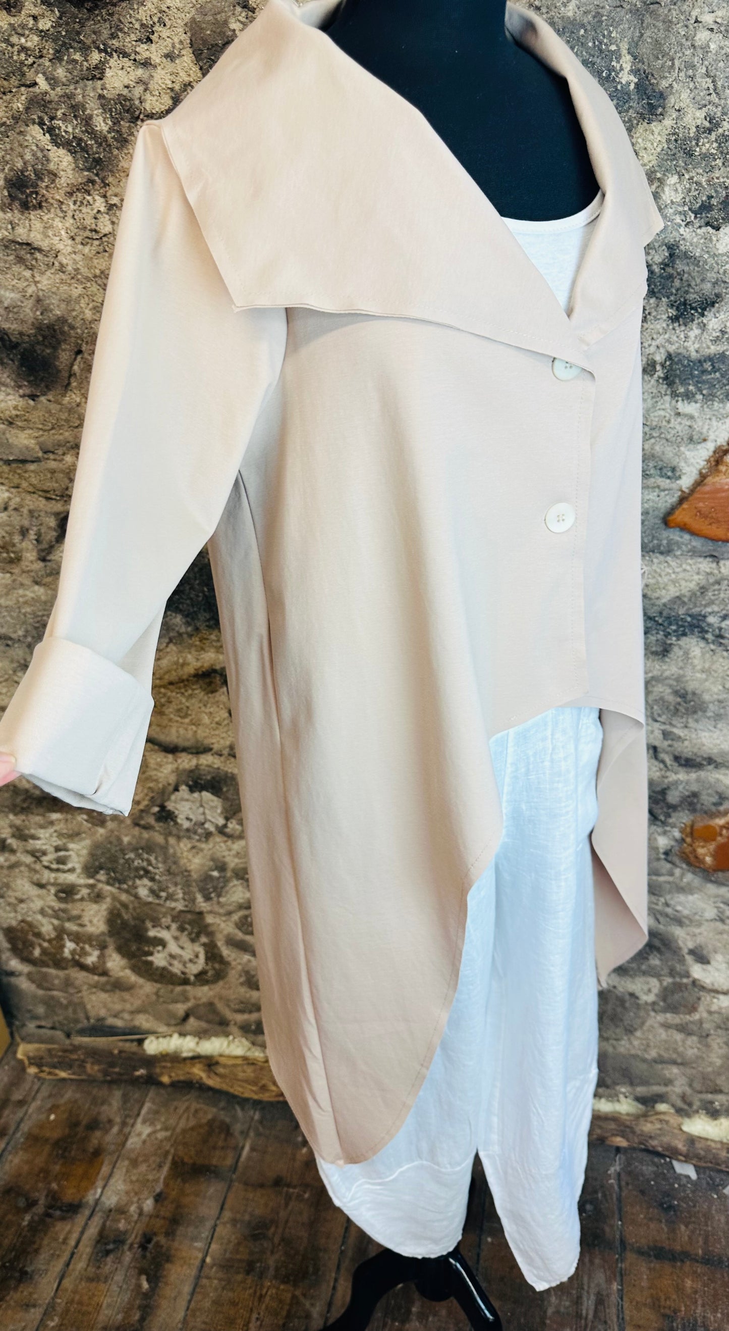 “Mira “ Italian dipped hem asymmetric jacket baileys cream