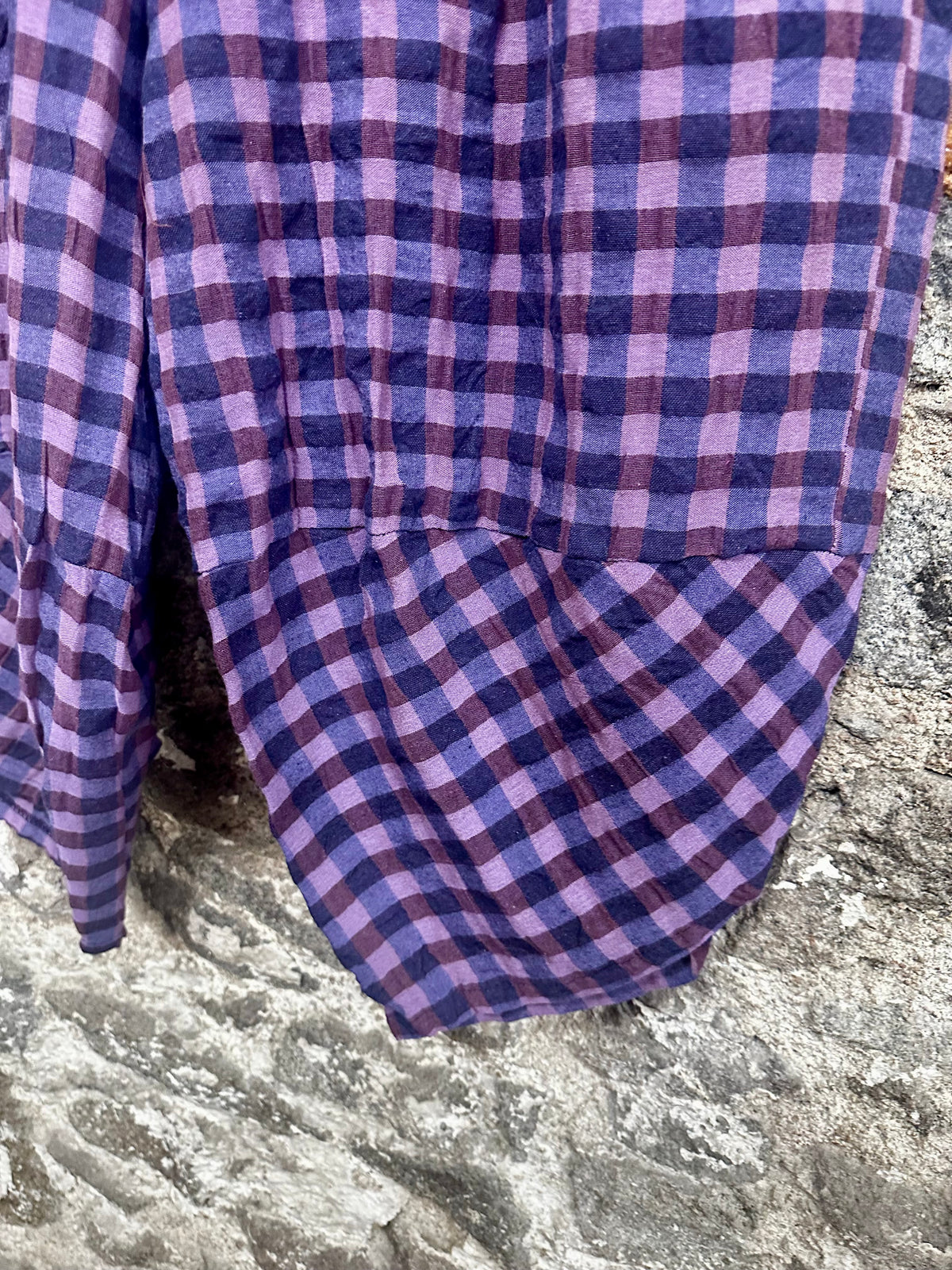“Riley “ navy and lilac plaid Italian cocoon pants