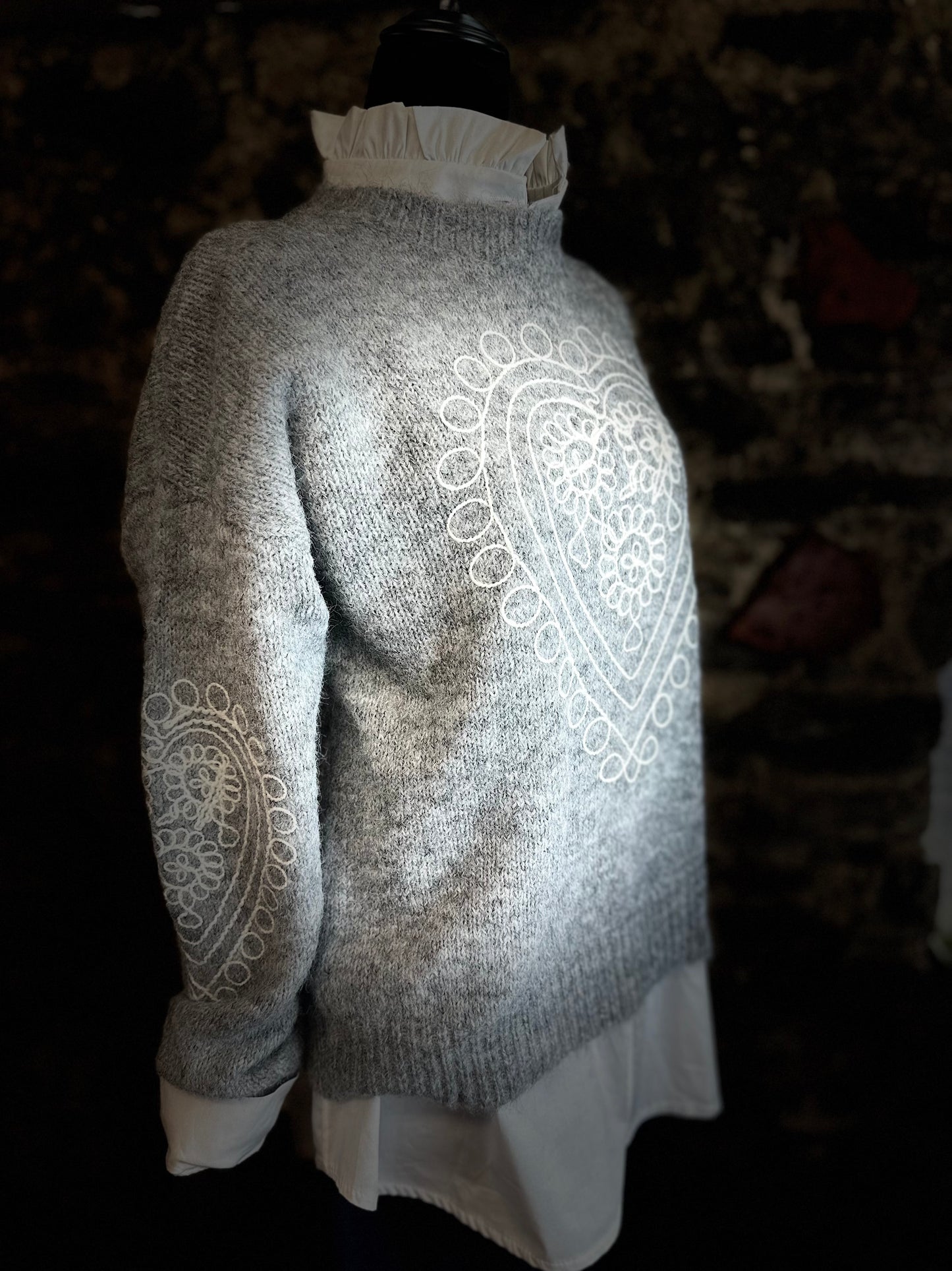 Dove grey ..heart embroidered Italian soft knit