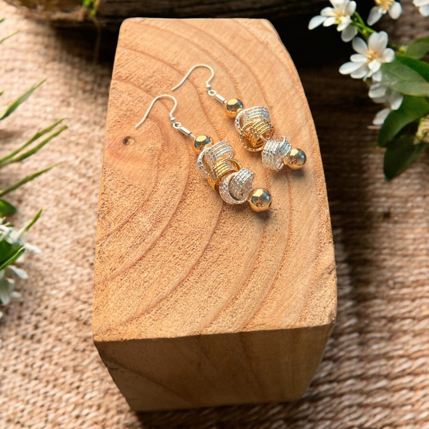 Gold and silver bead drop earrings