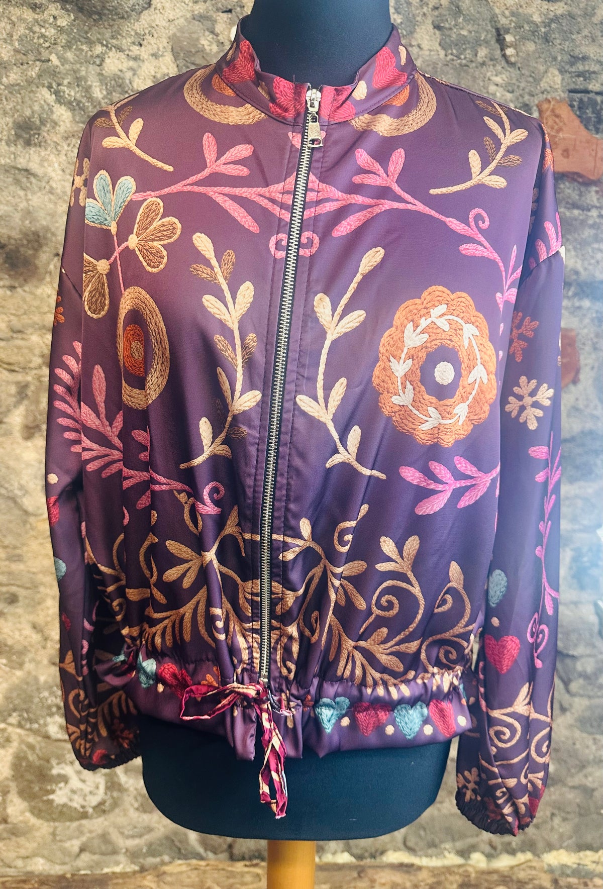 “Ellis “ plum Poly silk light print Italian bomber jacket