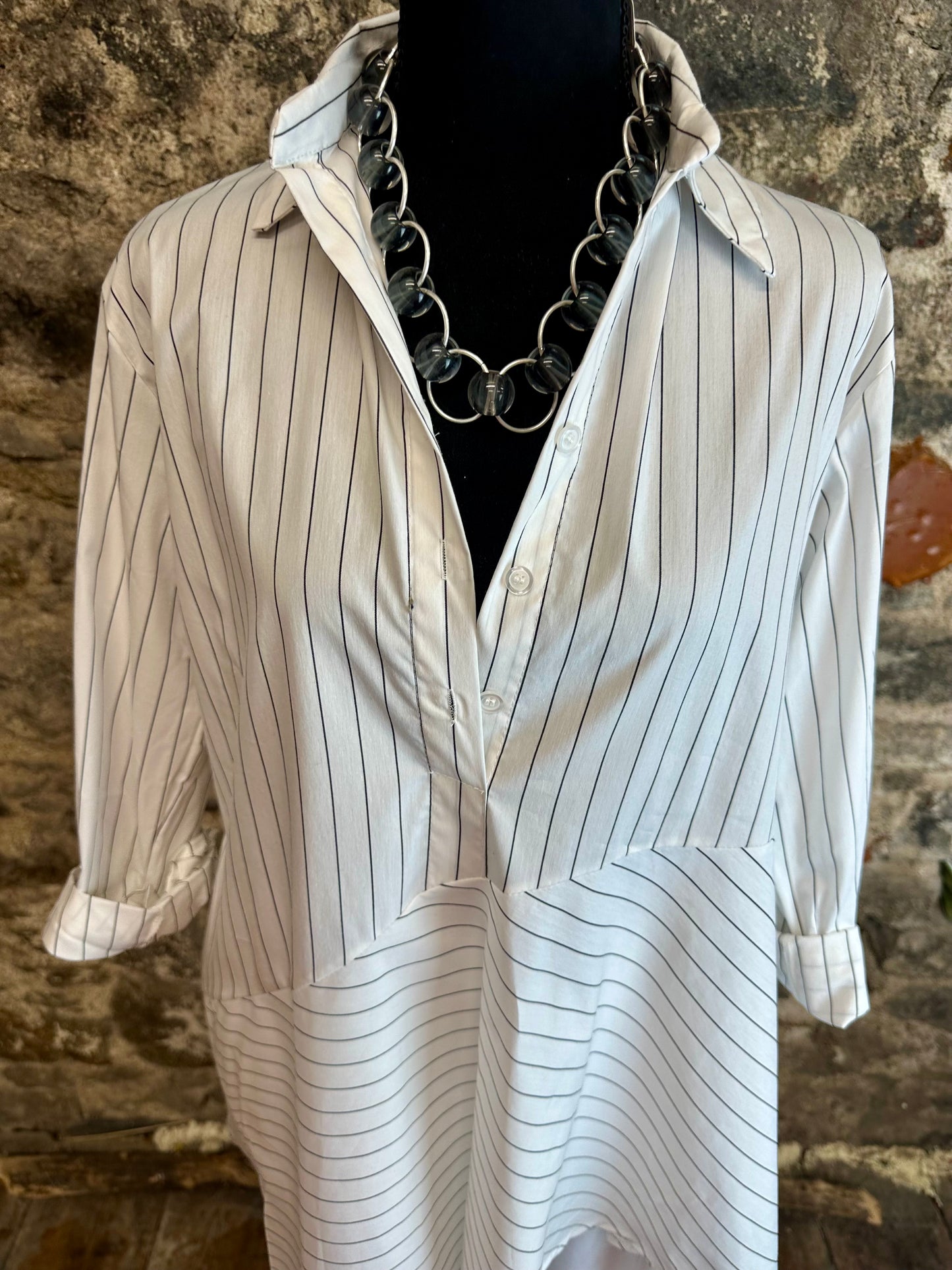 “Sofia “ Italian asymmetric dress shirt white pinstriped