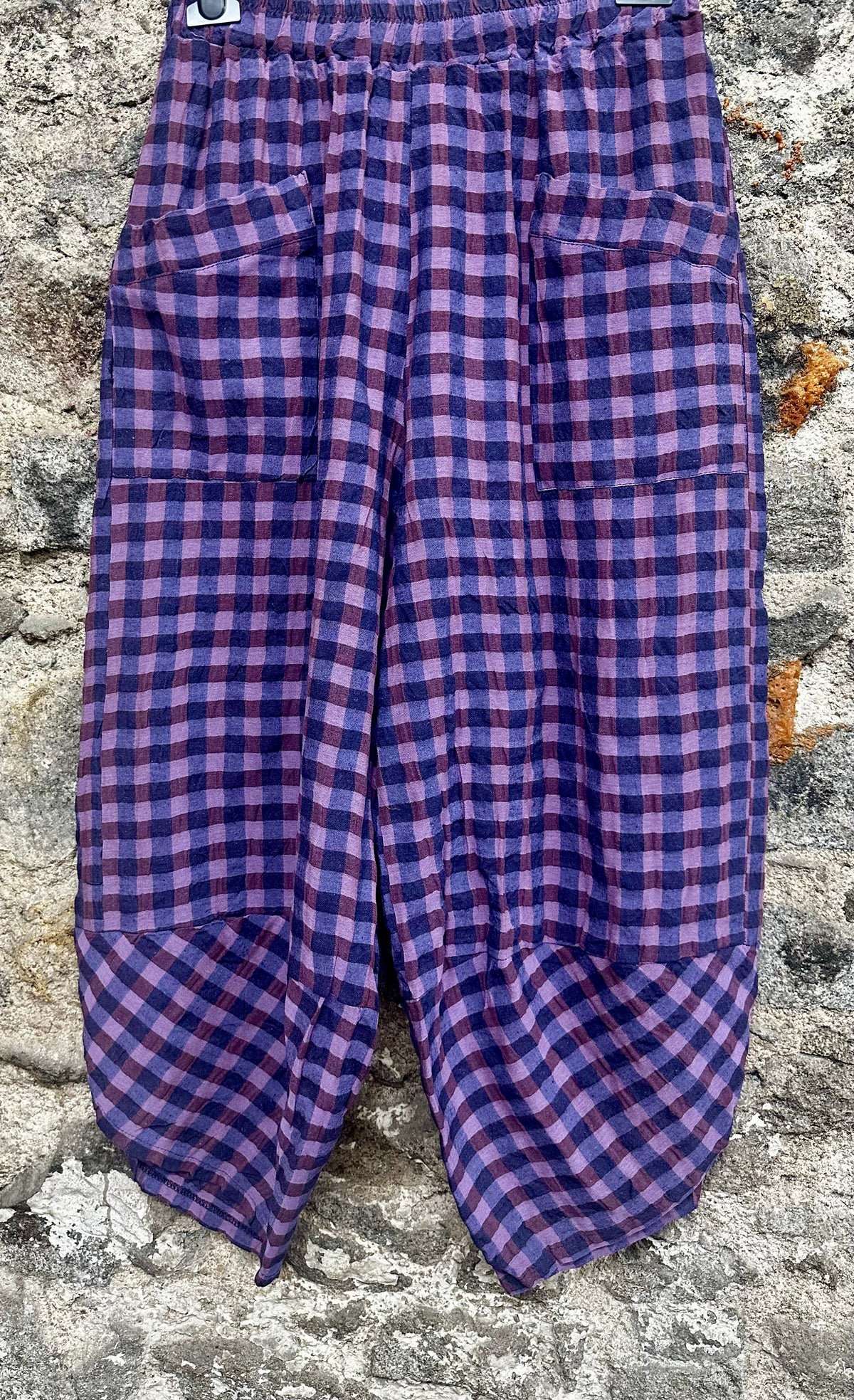 “Riley “ navy and lilac plaid Italian cocoon pants