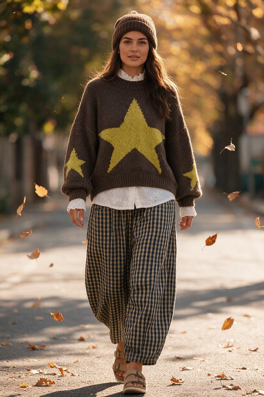 “Bowie “ Italian crew neck star knit chocolate and lime