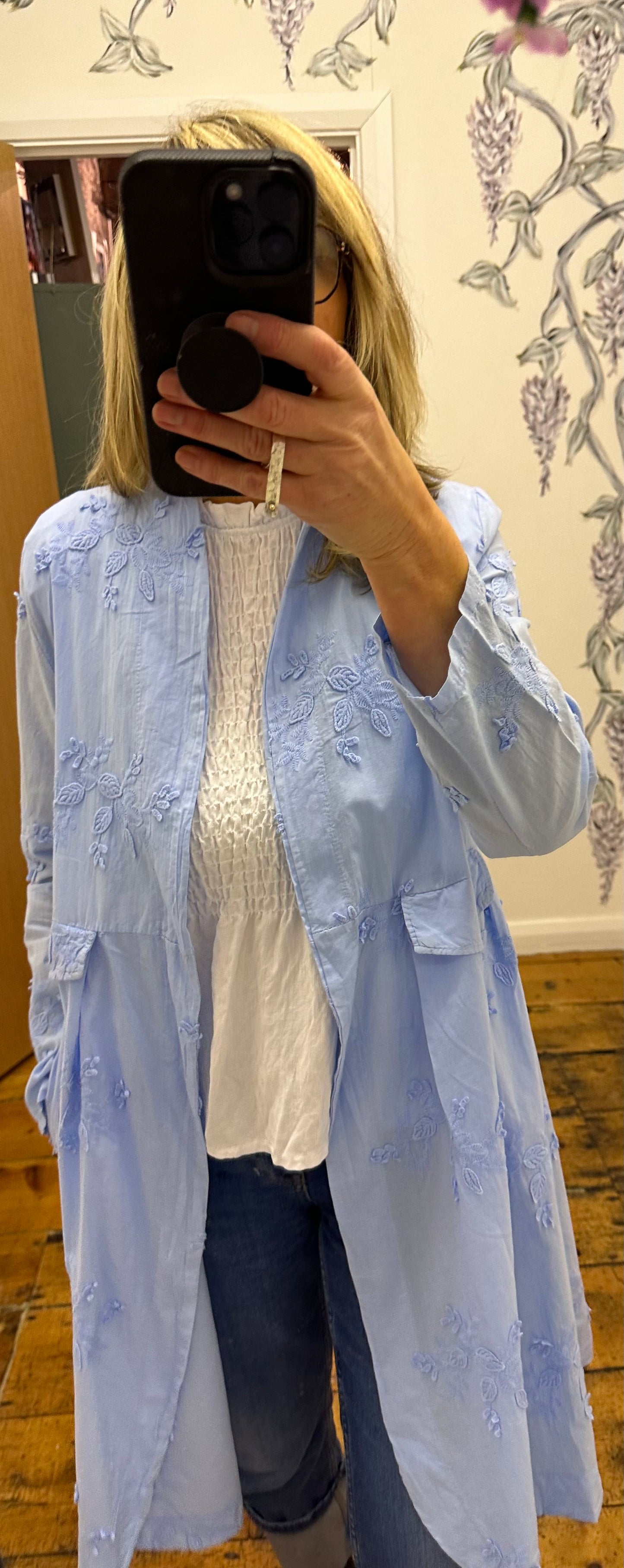 “Moira “Wedgwood blue Italian cotton appliqué dress coat